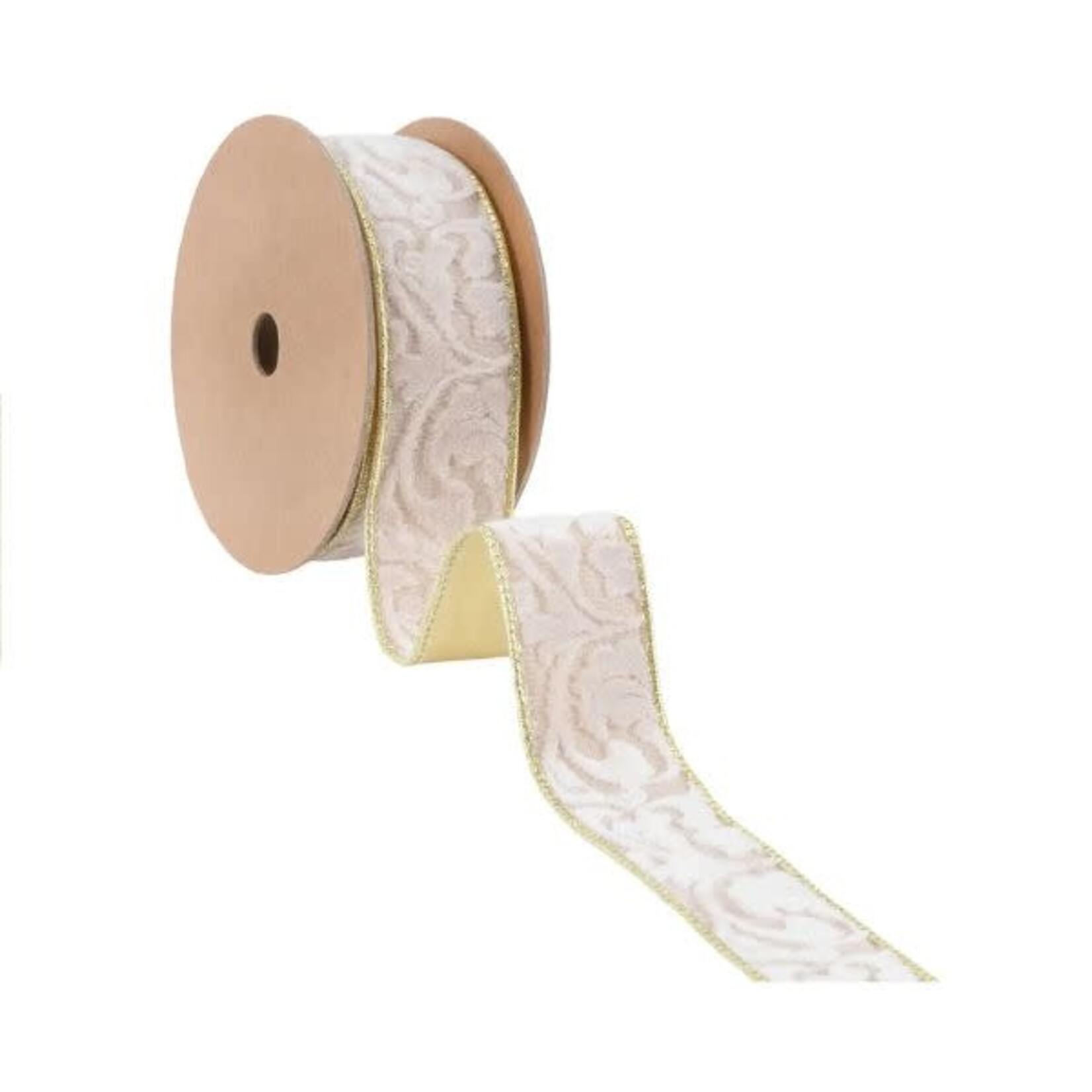 LA Ribbons Wholesale Wired 1.5 in. Double Sided Floral Embossed Velvet Ribbon Ivory and Gold, 10 yd.