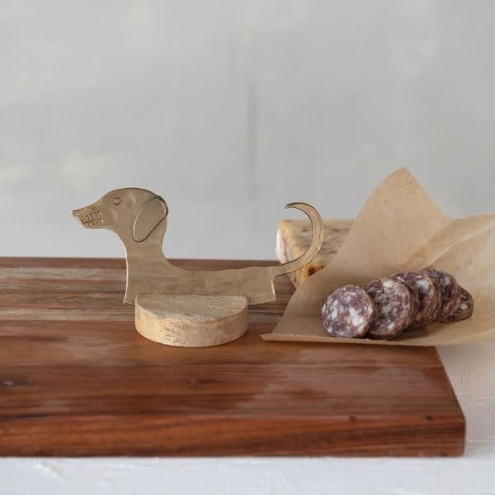 Antique Brass Dog Cheese Knife with Mango Wood Stand, 6 in.