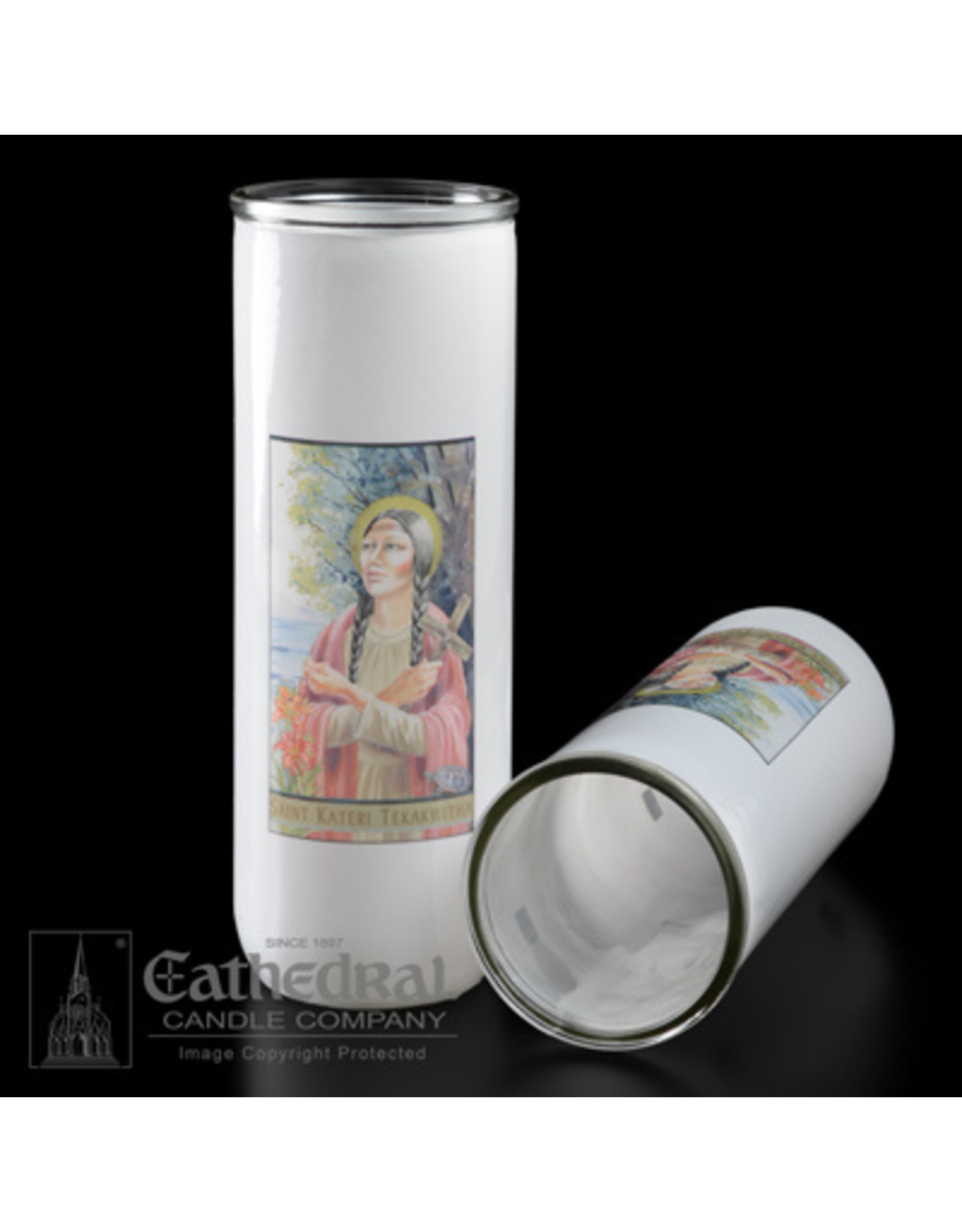 Cathedral Candle 5, 6, 7-Day Glass Globes - St. Kateri Tekakwitha (12)