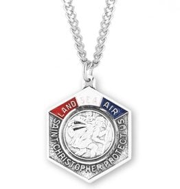 St. Christopher Land, Sea, & Air Enameled Sterling Silver Medal, 24" Chain