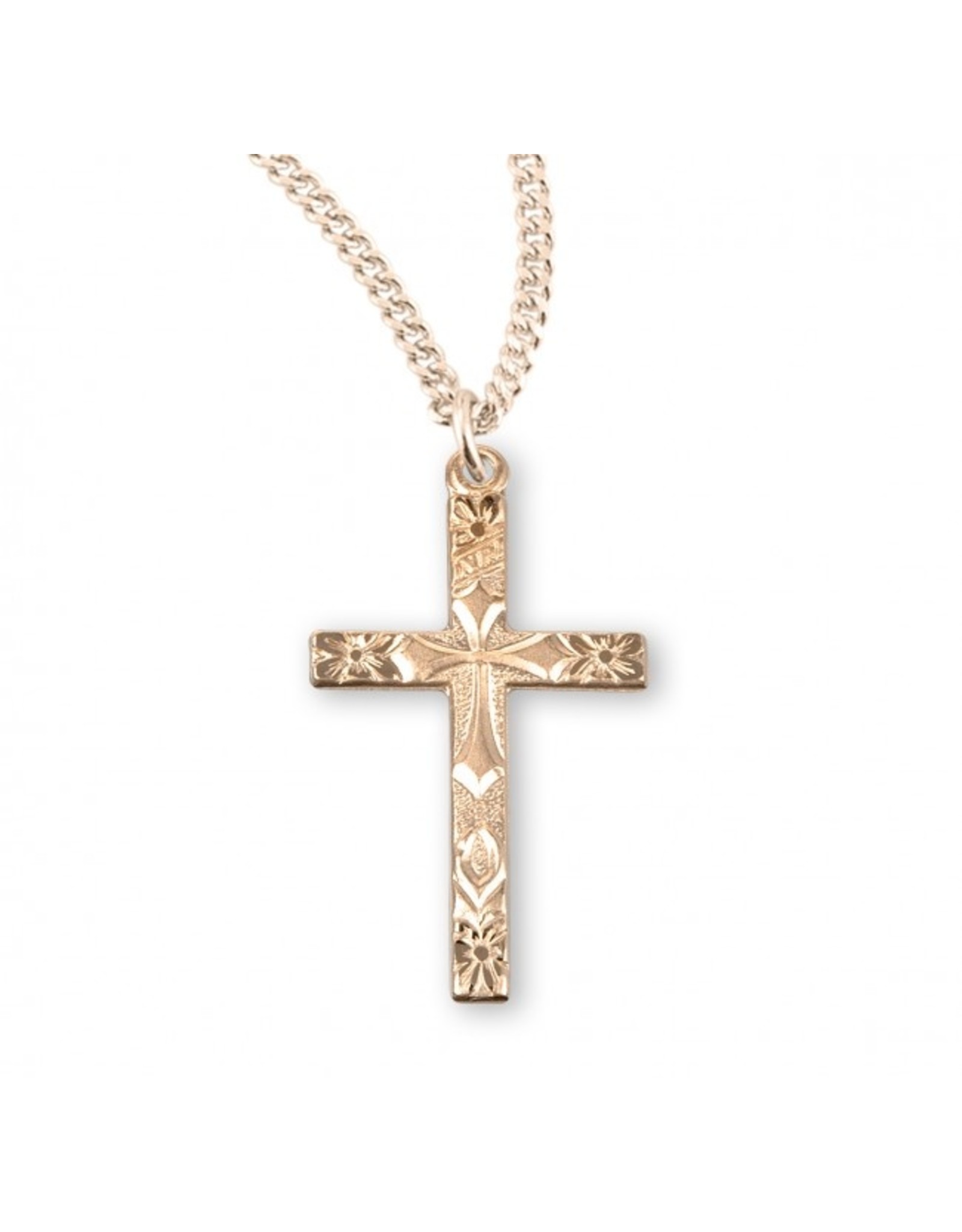 Cross Medal, Flower Tipped, Gold Over Sterling Silver, 18" Chain