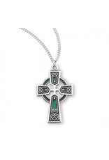 HMH Celtic Cross Medal - Green Enamel, Sterling Silver, 18" Chain