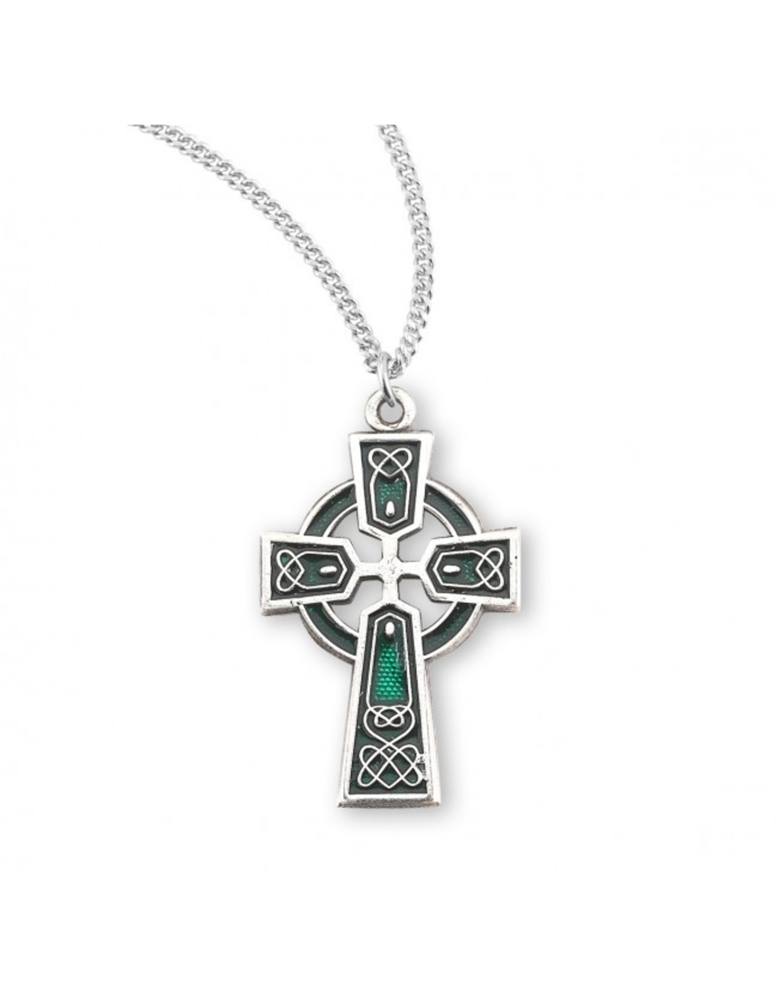 HMH Celtic Cross Medal - Green Enamel, Sterling Silver, 18" Chain