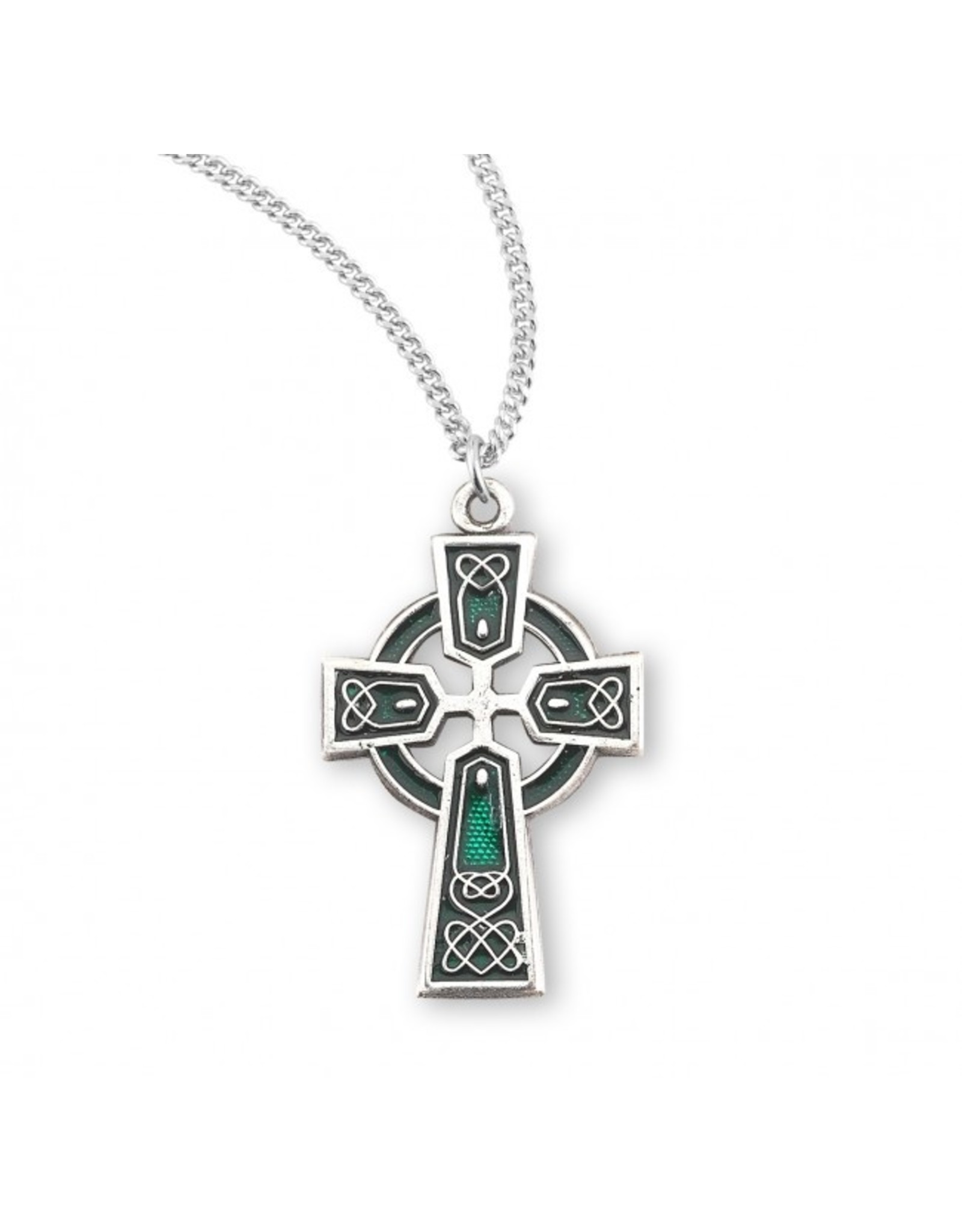 HMH Sterling Silver Green Enameled Irish Celtic Cross Medal on 18" Chain