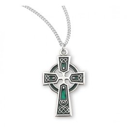 HMH Sterling Silver Green Enameled Irish Celtic Cross Medal on 18" Chain