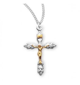 HMH Religious Manufacturing Crucifix Medal, 2-Tone Wheat, Sterling Silver, 18" Chain