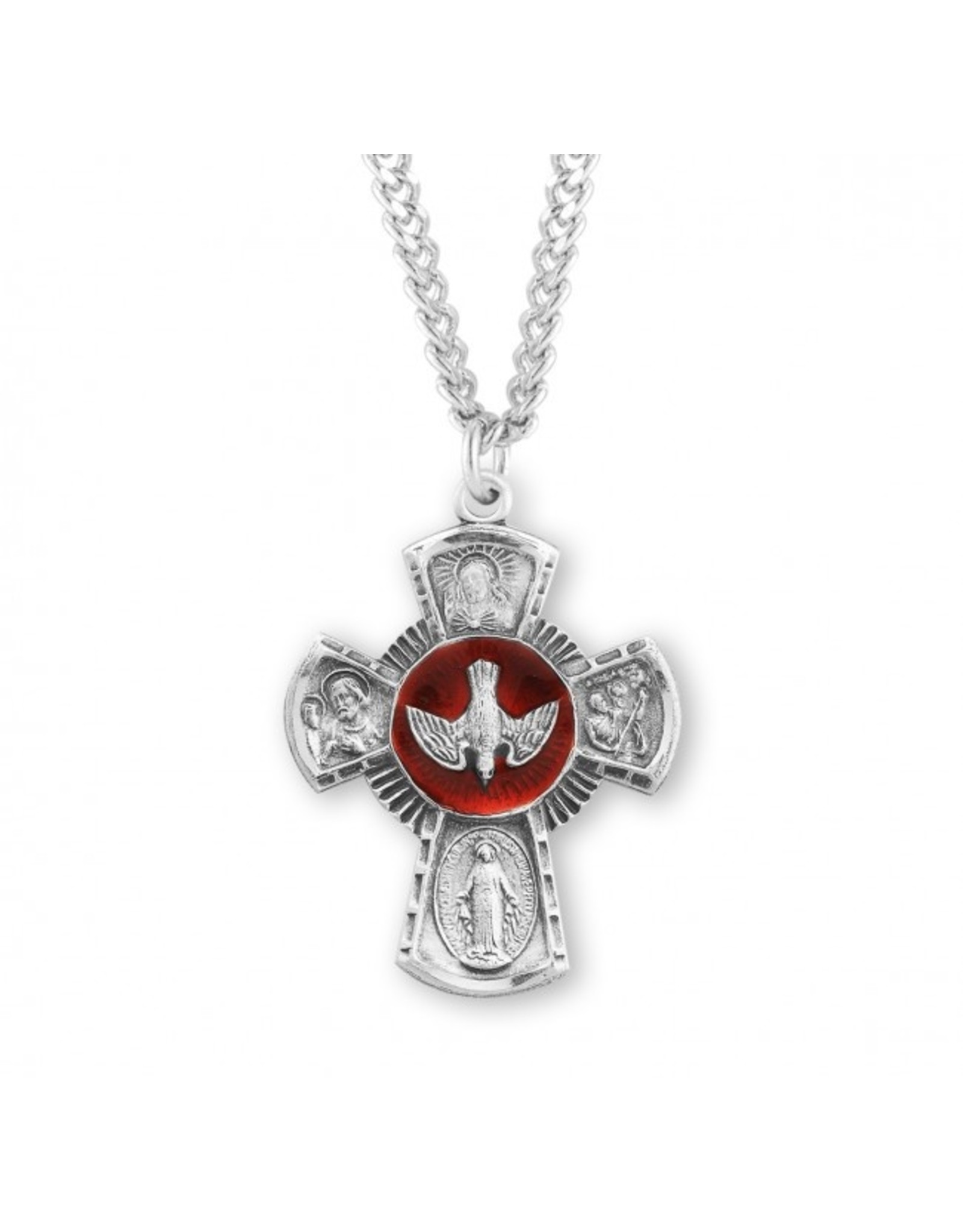 4-Way Medal, Sterling Silver Red Enameled, 24" Chain