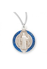 HMH St. Benedict Medal - Round Blue & Red Enameled Jubilee, Sterling Silver, 18" Chain