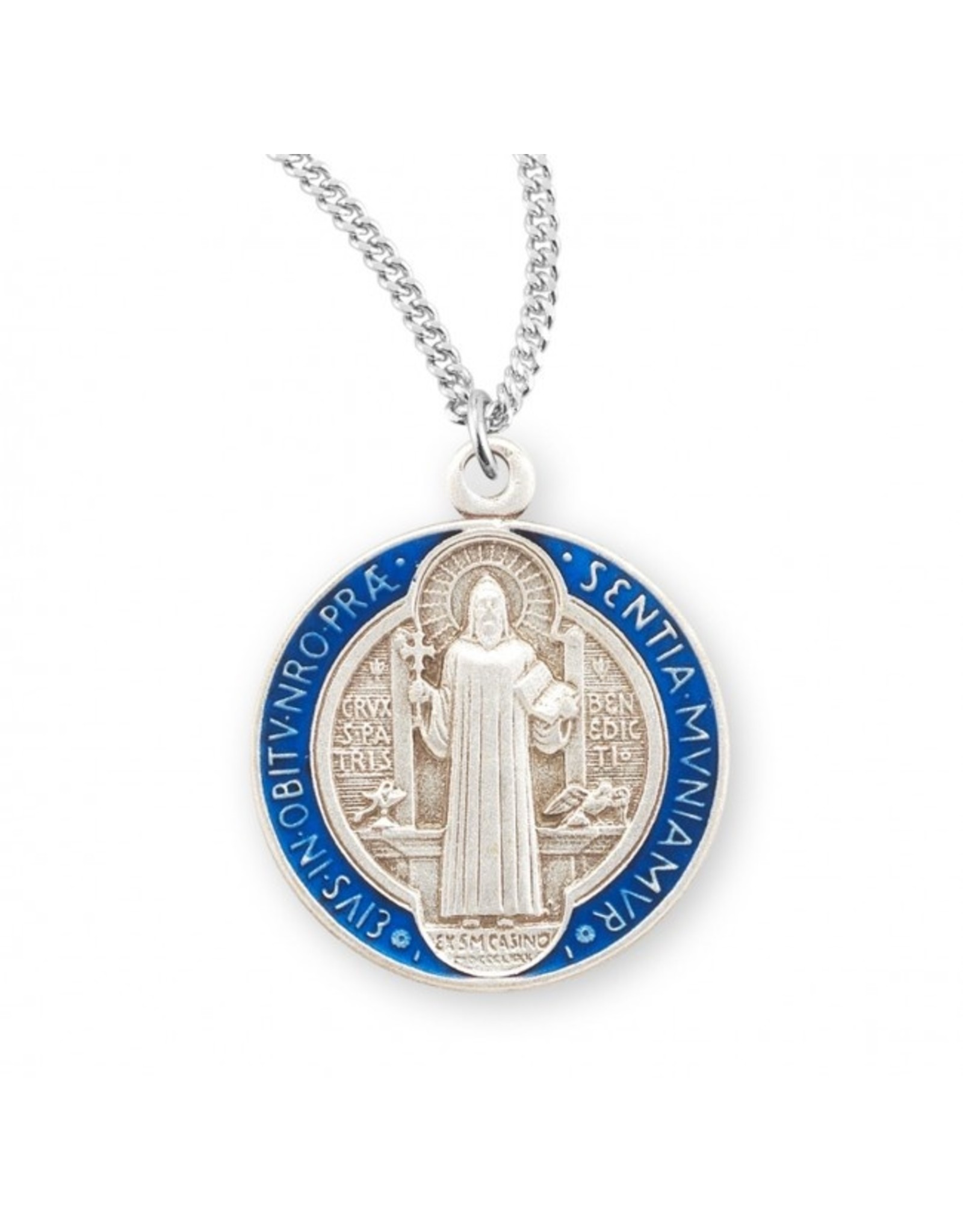 HMH St. Benedict Medal - Round Blue & Red Enameled Jubilee, Sterling Silver, 18" Chain