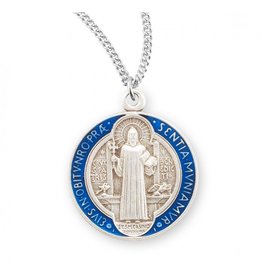 HMH St. Benedict Medal - Round Blue & Red Enameled Jubilee, Sterling Silver, 18" Chain