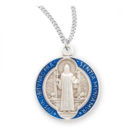 HMH St. Benedict Round Blue & Red Enameled Jubilee Medal, Sterling Silver, 18" Chain