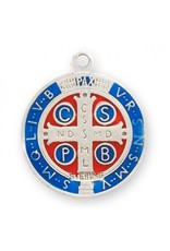 HMH St. Benedict Medal - Round Blue & Red Enameled Jubilee, Sterling Silver, 18" Chain