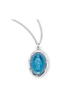 HMH Miraculous Medal, Blue Enamel, Fancy Edge, Sterling Silver, 18" Chain