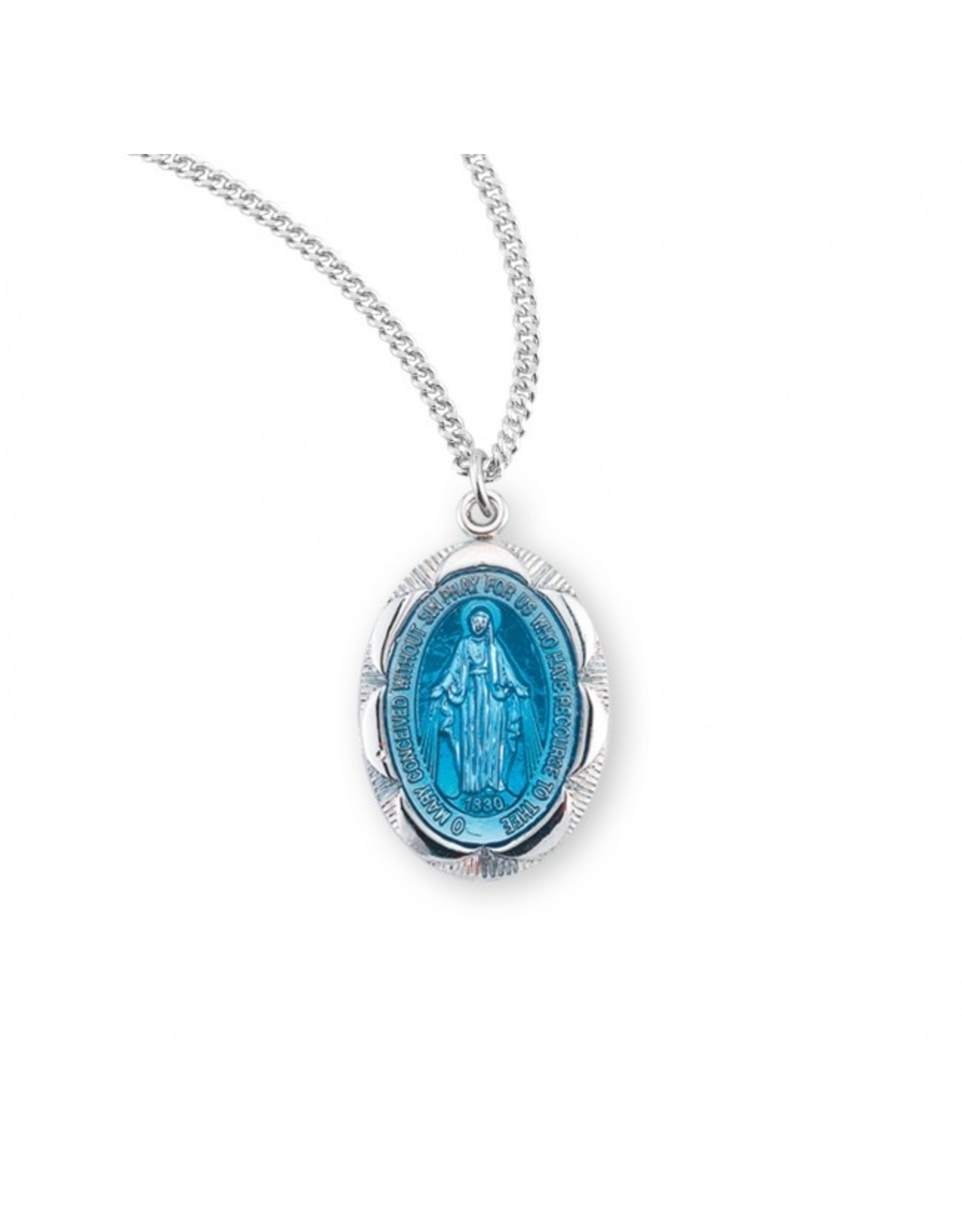 HMH Miraculous Medal - Blue Enamel with Fancy Edge, Sterling Silver, 18" Chain