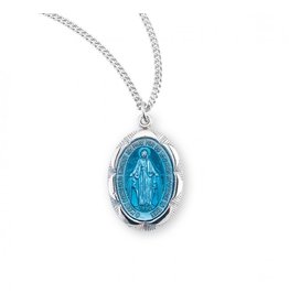 HMH Religious Manufacturing Miraculous Medal, Blue Enamel, Fancy Edge, Sterling Silver, 18" Chain