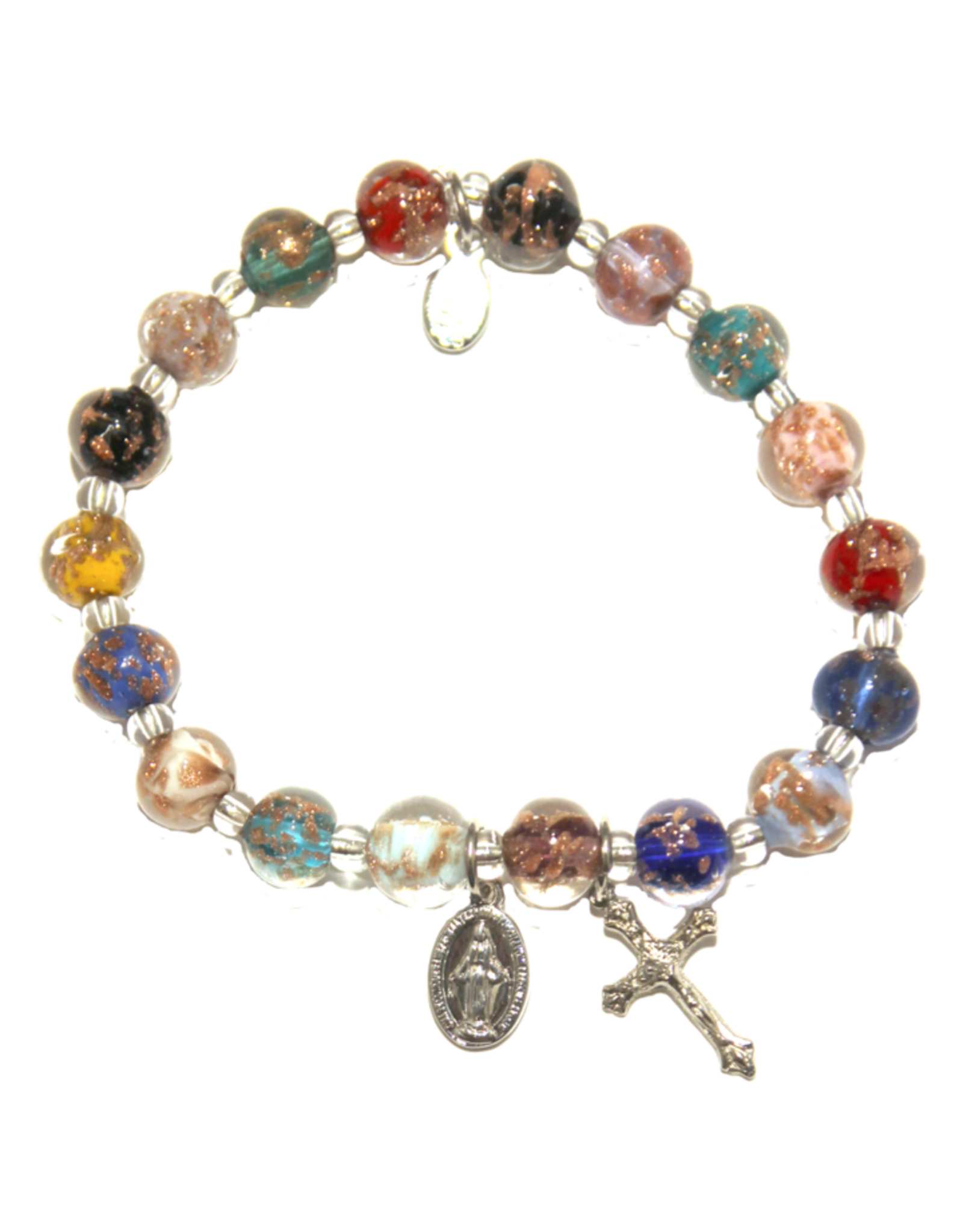 Rosary Bracelet - Multi Color Genuine Murano SIlver Tone Stretch Bracelet with Sommerso Beads, Miraculous Medal & Crucifix