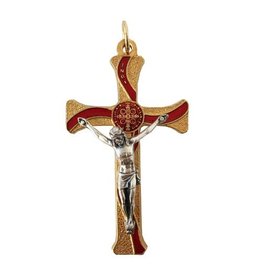 MEDAL CRUCIFIX BENEDICT RED/GOLD/SILVER ON CORD