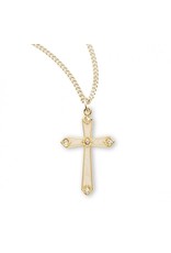 HMH Cross Medal, Pearl Enameled with Five Crystals, Gold over Sterling Silver, 18" Chain