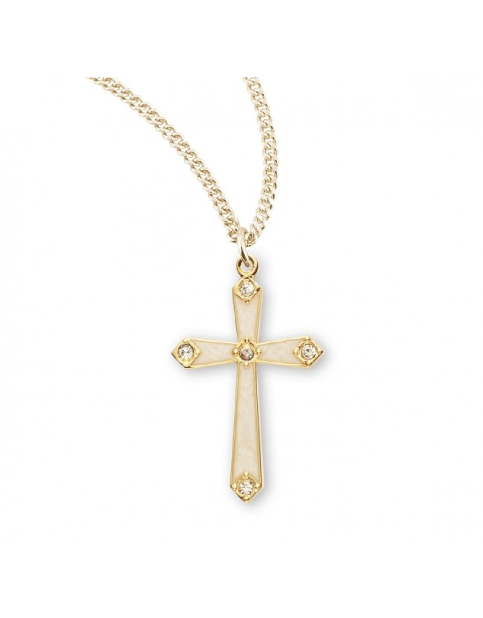 HMH Cross Medal, Pearl Enameled with Five Crystals, Gold over Sterling Silver, 18" Chain