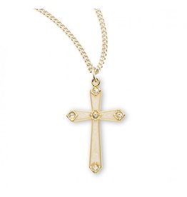 Cross Medal, Pearl Enameled with Five Crystals, Gold over Sterling Silver, 18" Chain