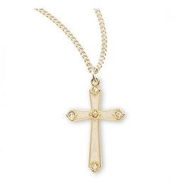 HMH Cross Medal, Pearl Enameled with Five Crystals, Gold over Sterling Silver, 18" Chain