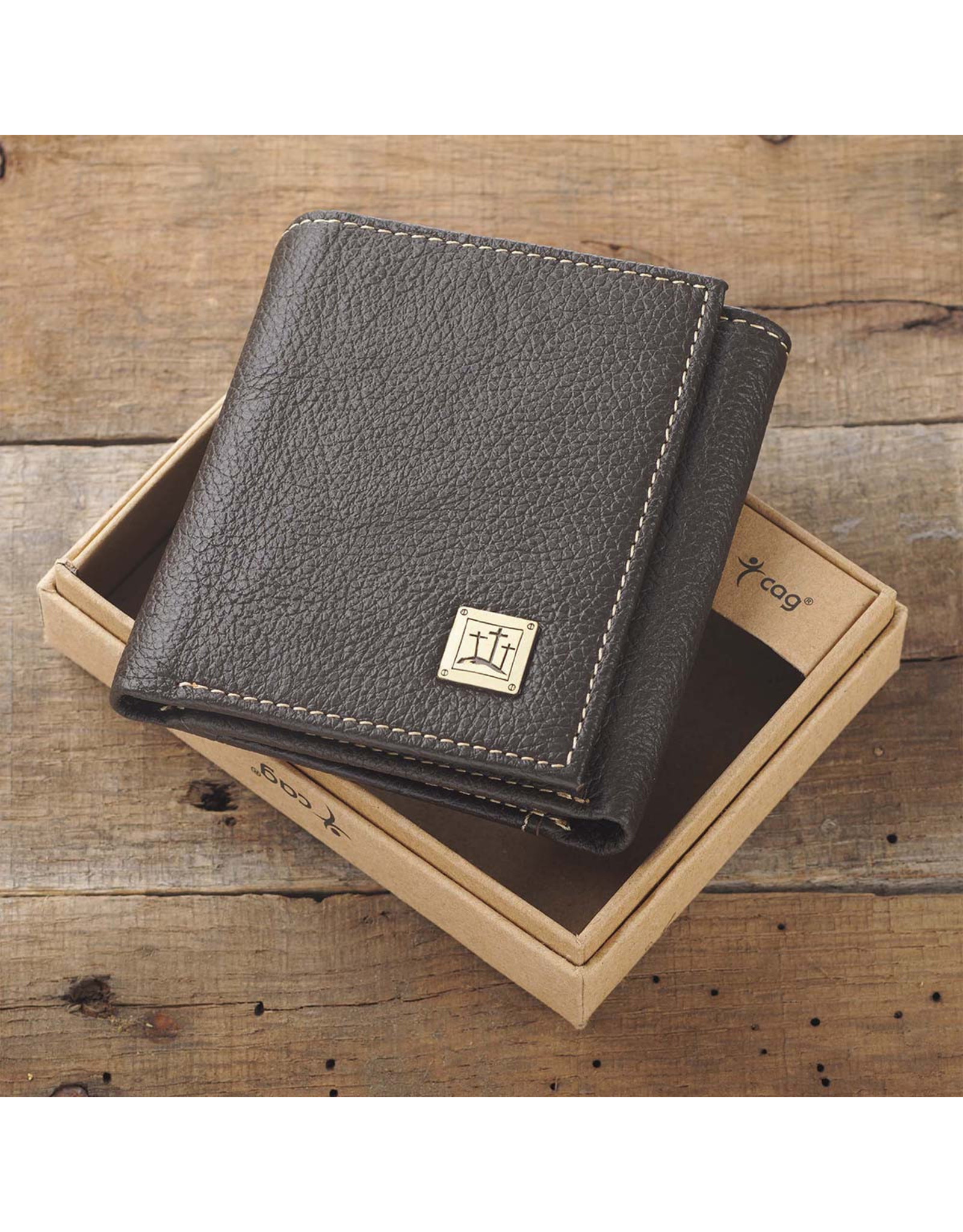Christian Art Gifts Wallet - Three Crosses, Brown Leather