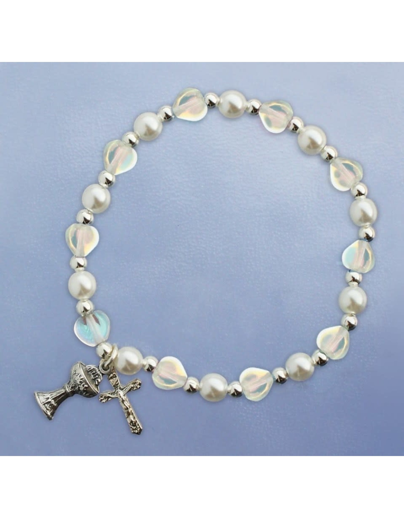 Devon First Communion Bracelet Stretch Crystal Hearts/Pearl