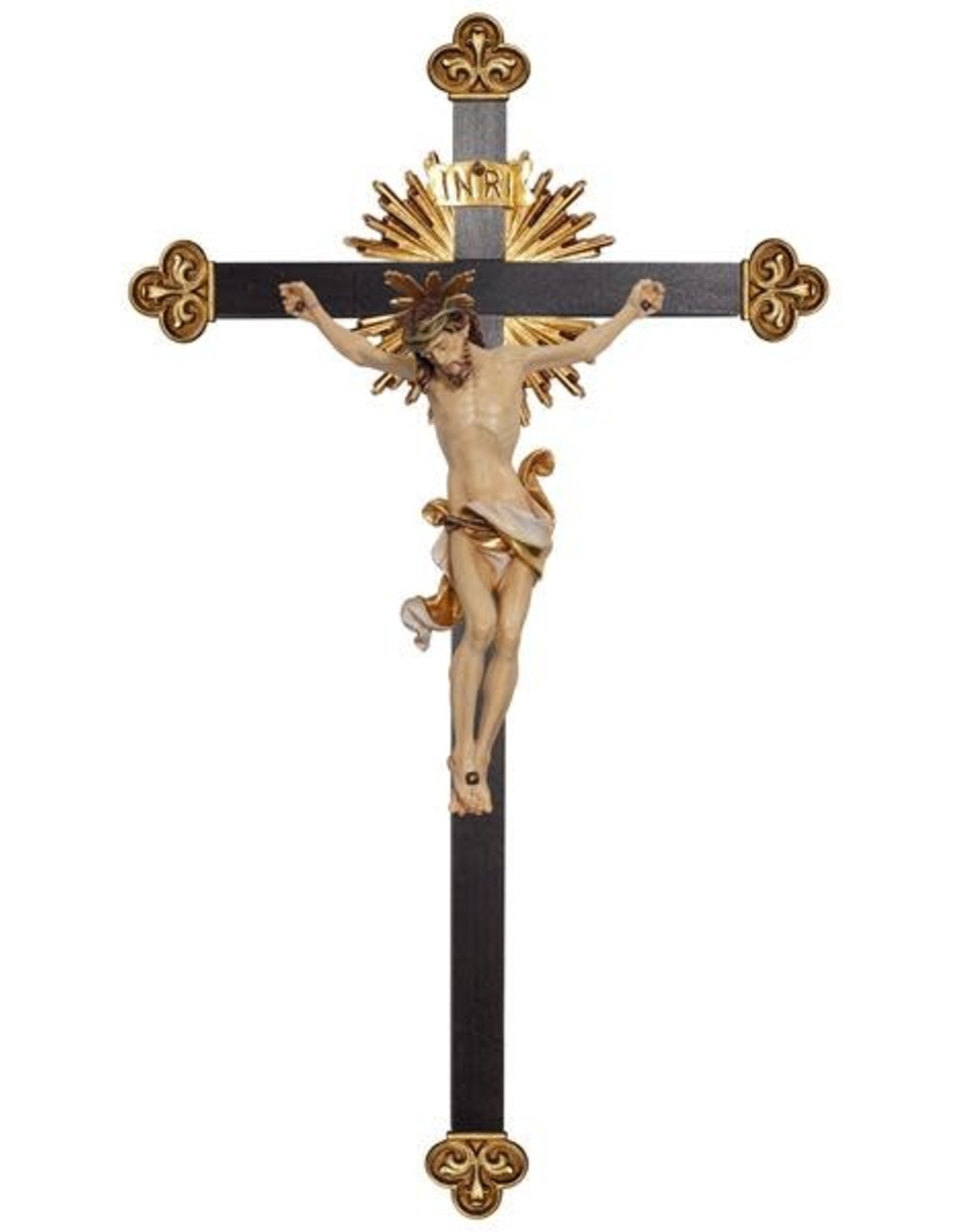 Pema Crucifix - Leonardo Corpus, Wood-Carved, Color, Black Stained Cross, Blue Loincloth, 30"