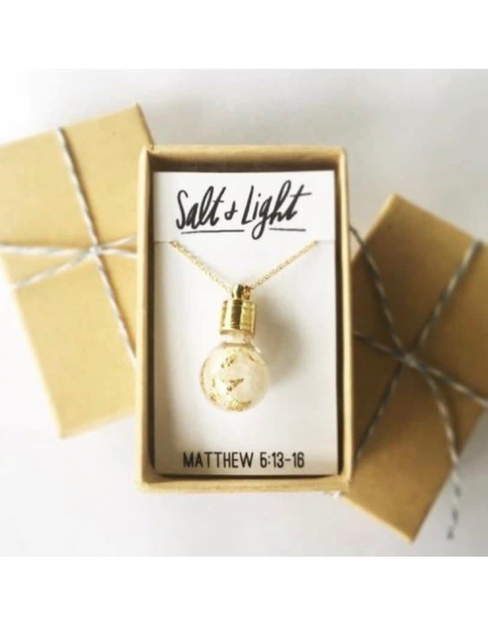 Seeds & Mountains Bible Verse Necklace - Salt and Light, Lightbulb with Gold Flakes (Matthew 6:13-18)