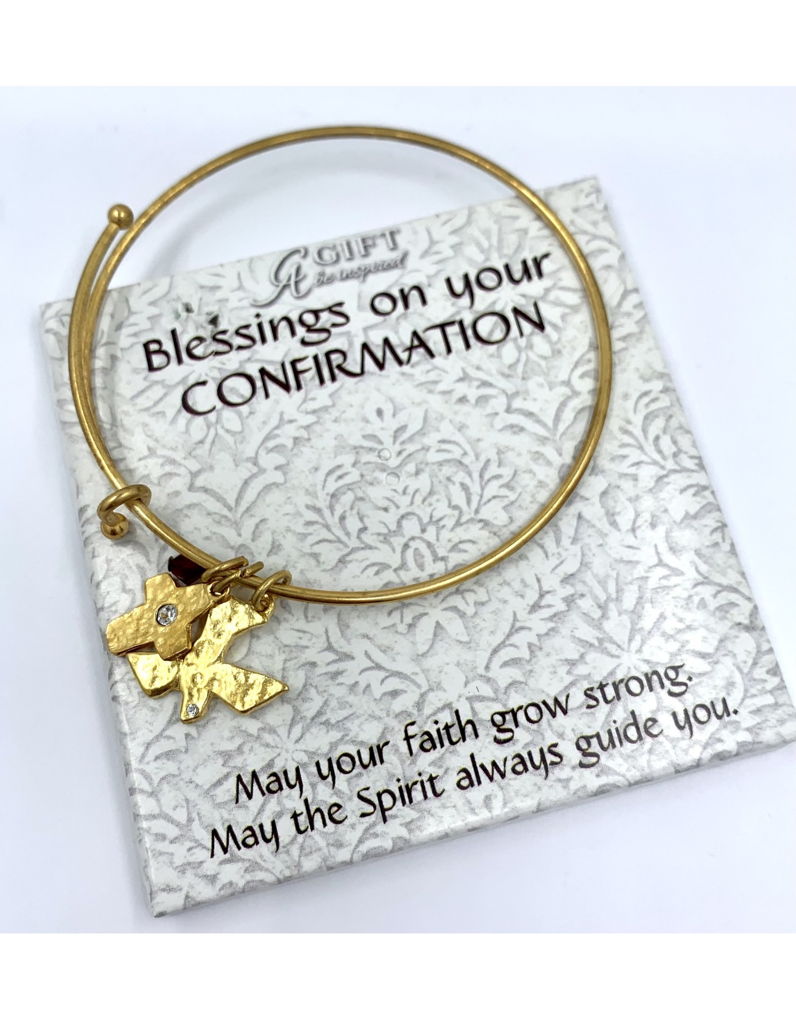 Abbey & CA Gift Confirmation Bracelet - Gold Bangle with Dove, Cross, and Gem
