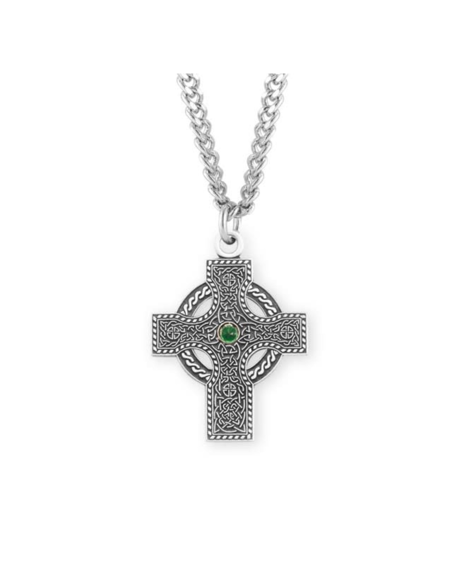 HMH Celtic Cross Medal, Emerald Center, Sterling Silver, 24" Chain
