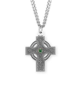 Celtic Cross Medal, Emerald Center, Sterling Silver, 24" Chain