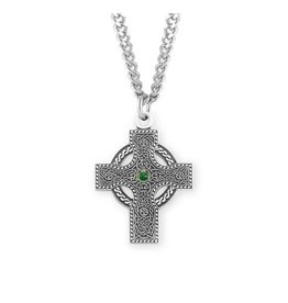 HMH Celtic Cross Medal, Emerald Center, Sterling Silver, 24" Chain