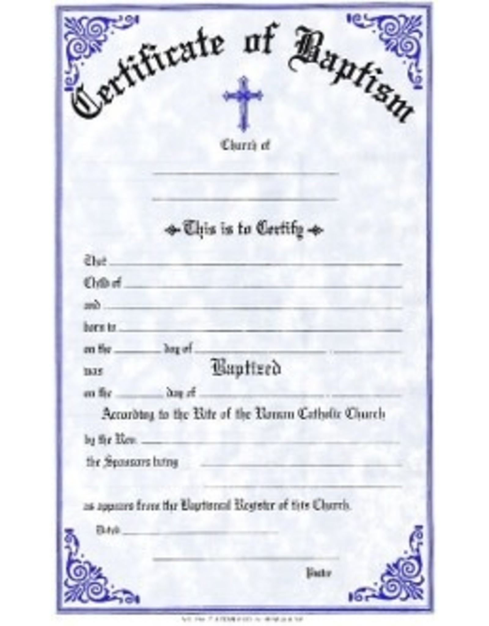 Remey, F.J. Baptism Certificates (Pad of 50)