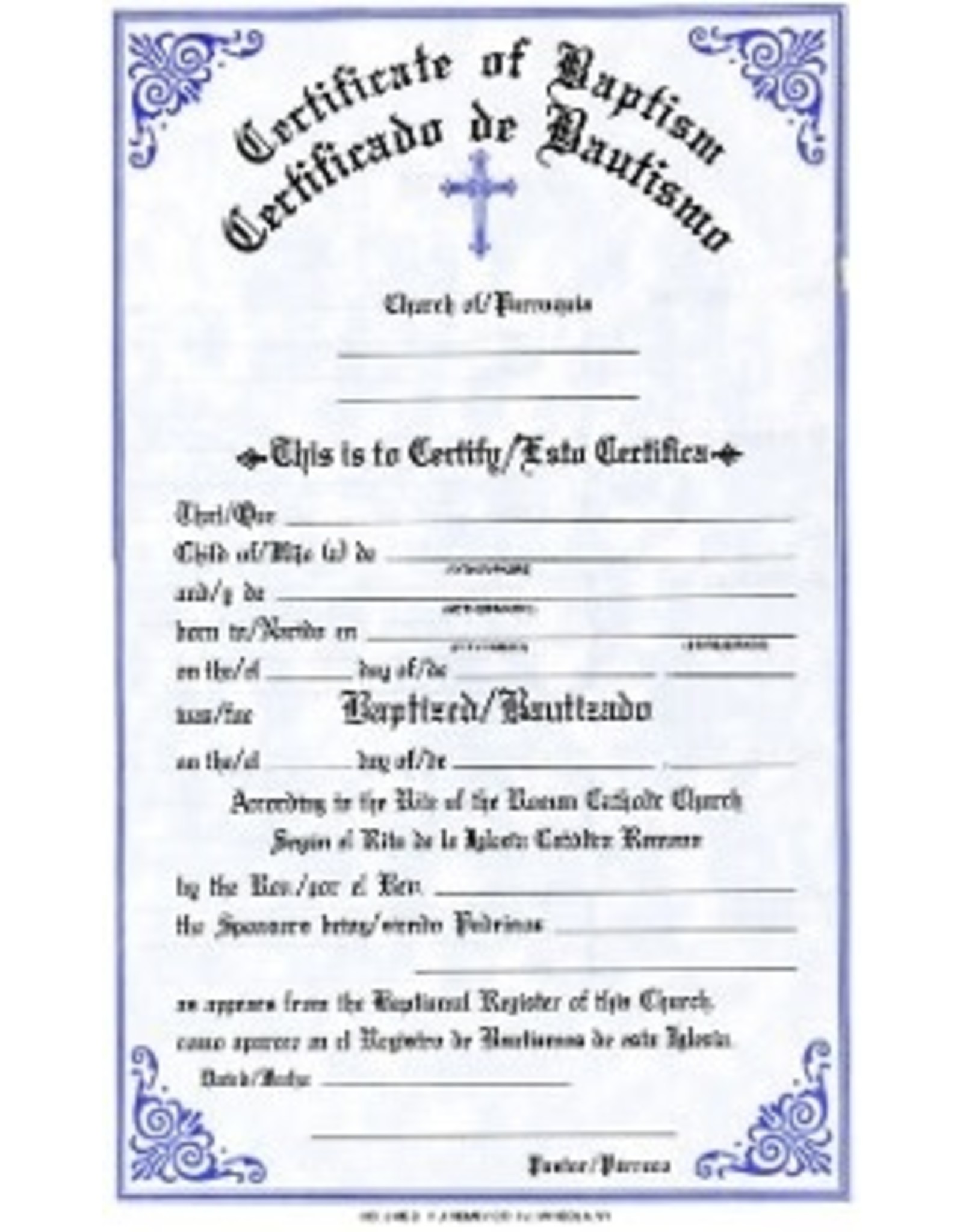 Bilingual Baptism Certificates (Pad of 50) Reilly's Church Supply & Gift Boutique