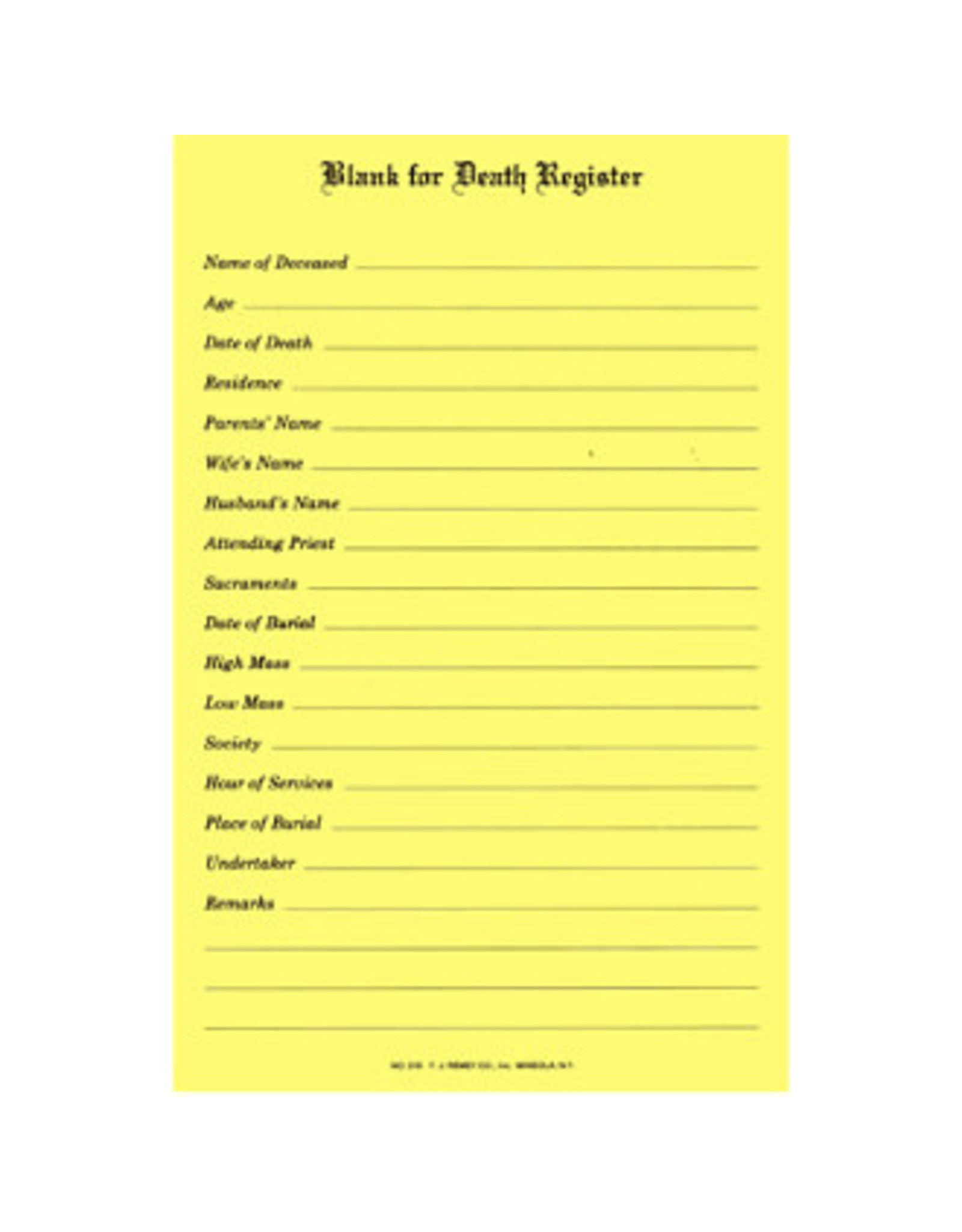 Remey, F.J. Death Register Blanks (Pad of 50)