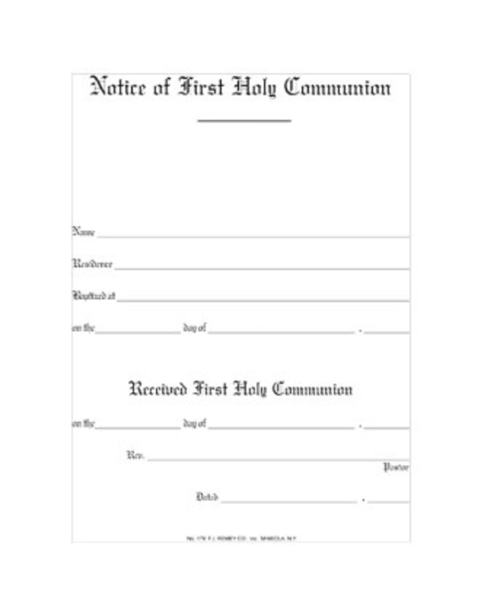 Remey, F.J. Notice of 1st Holy Communion (Pad of 50)
