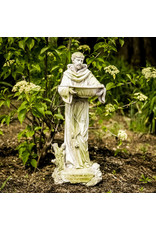 Orlandi St. Francis with Bowl Outdoor Statue - Fiber Stone, White Moss Finish (23")