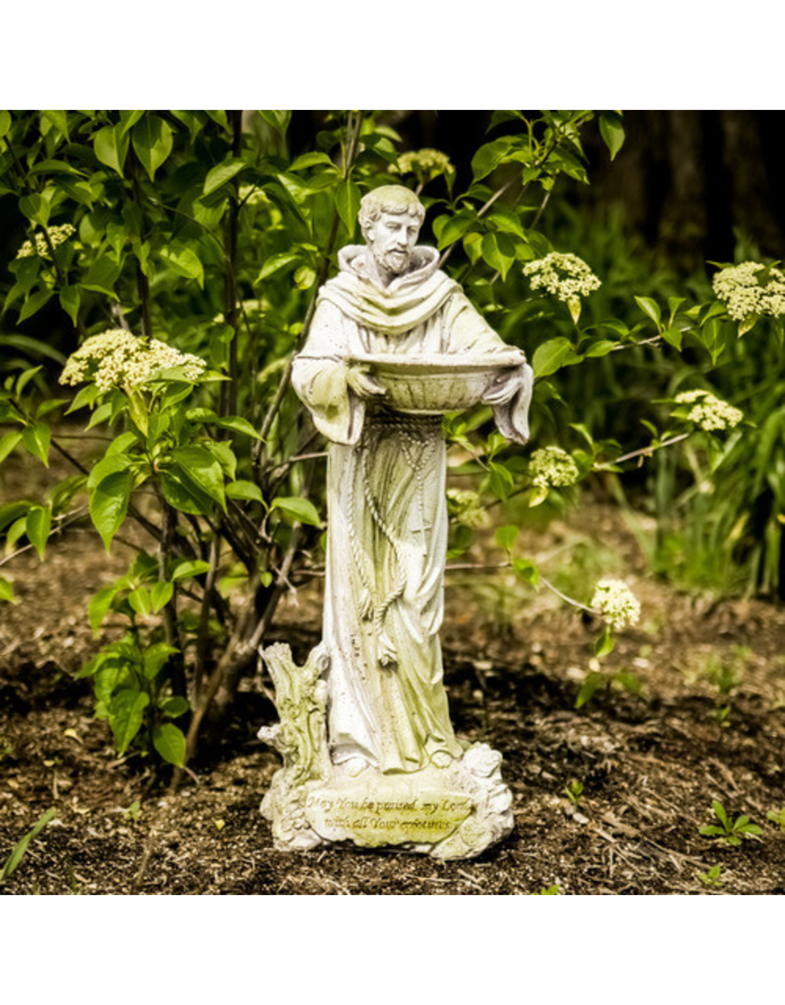 Orlandi St. Francis with Bowl Outdoor Statue - Fiber Stone, White Moss Finish (23")