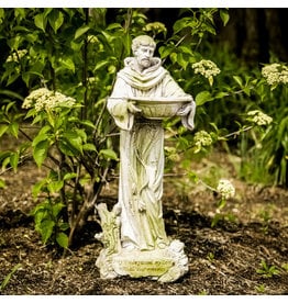 Orlandi St. Francis with Bowl Outdoor Statue - Fiber Stone, White Moss Finish (23")