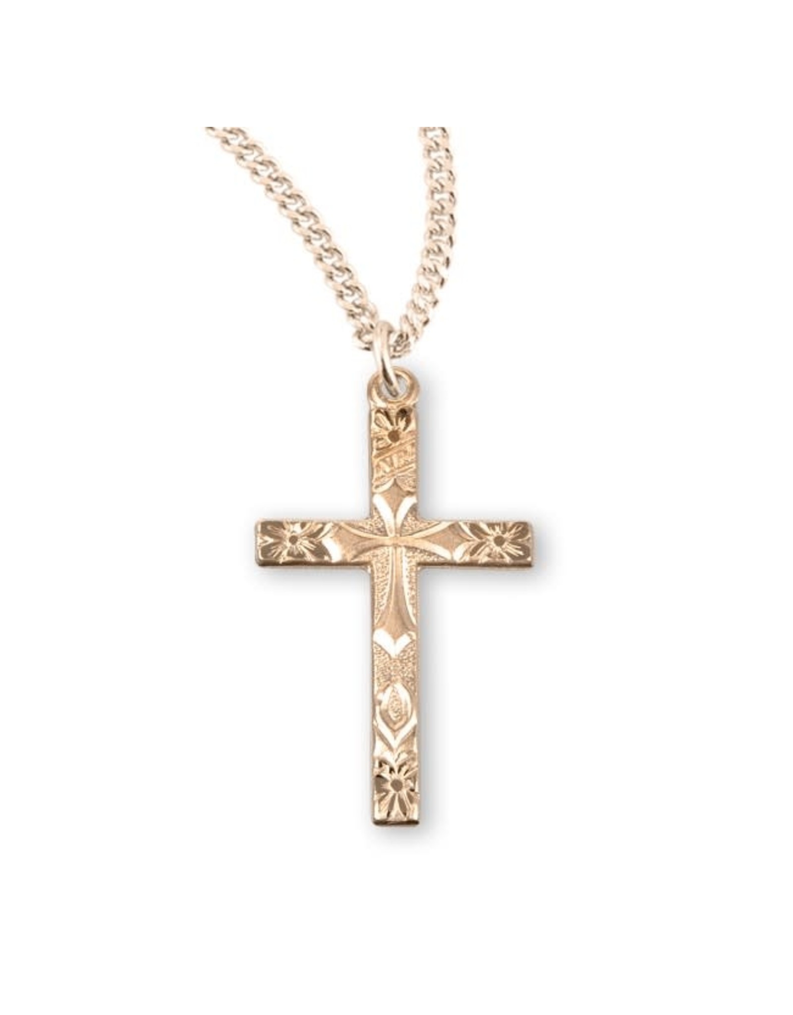 HMH Cross Medal - Flower Tipped, Gold Over Sterling Silver, 18" Chain