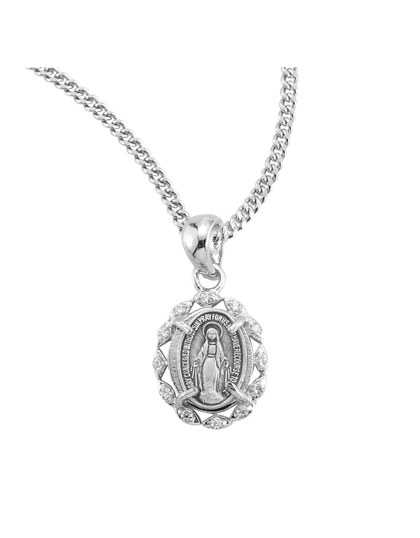 HMH Religious Manufacturing Miraculous Medal, Sterling Silver Crystal Cubic Zirconia, 18" Chain