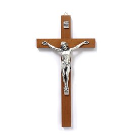 San Francis Crucifix, Light Wood with Silver Corpus 10"