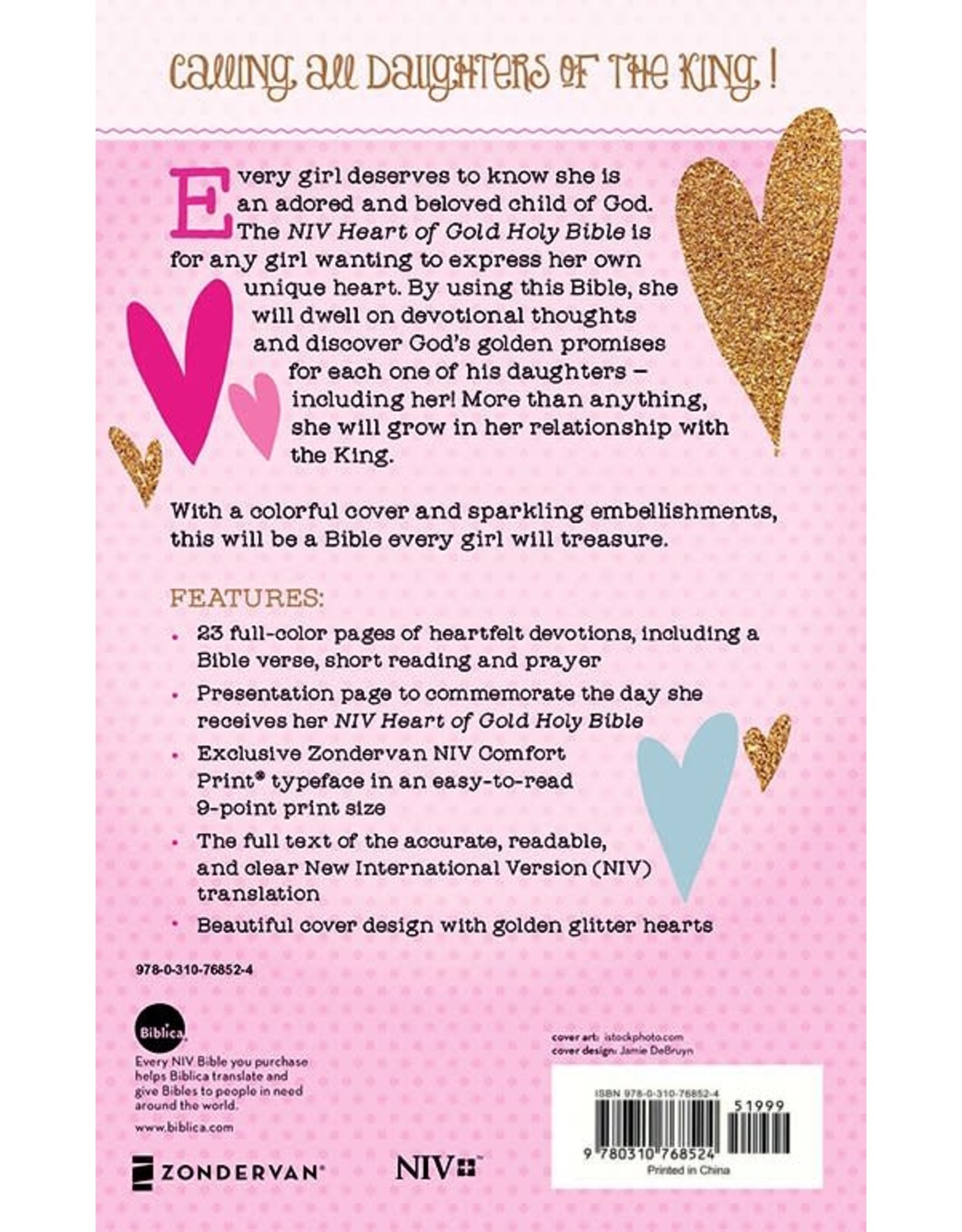 Zondervan NIV Heart of Gold Comfort Print Holy Bible, Hardcover
