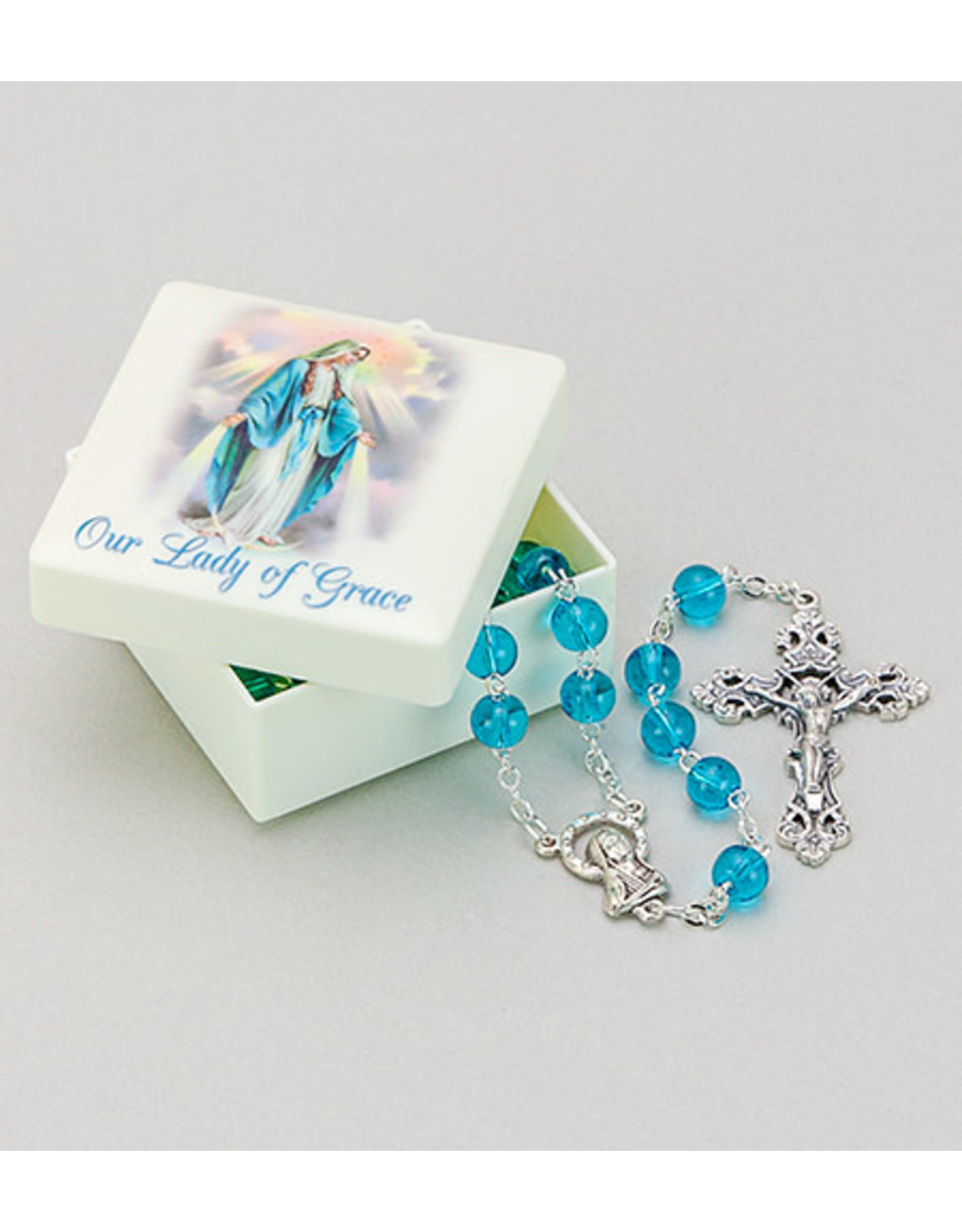 Malhame Regina Our Lady of Grace Natural Wood Box with Rosary
