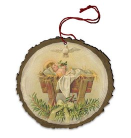 Nelson Art Ornament - Vintage Style Baby Jesus in Manger with Holy Spirit (Wood)