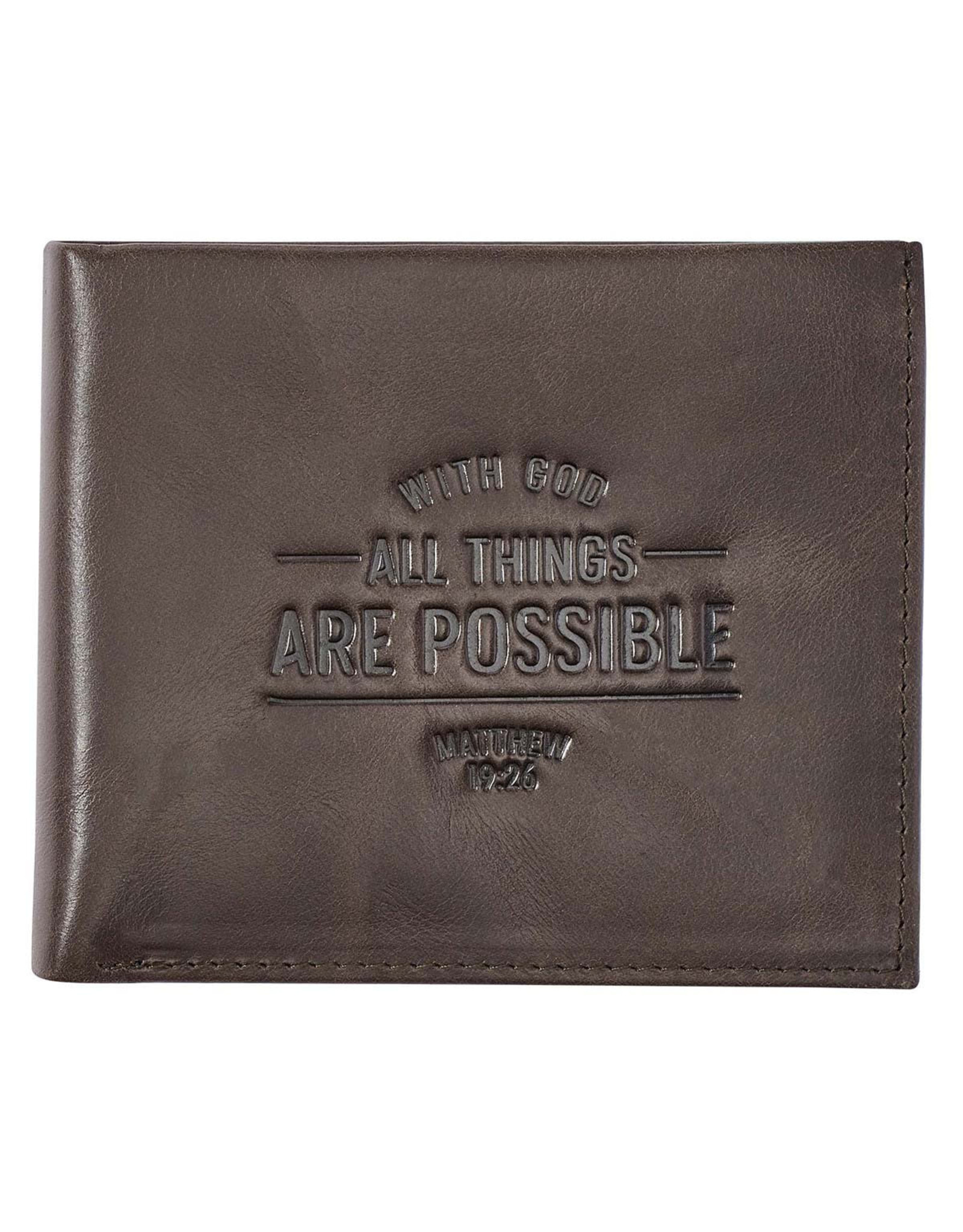 Christian Art Gifts Wallet - With God All Things Are Possible, Brown Genuine Leather- Matthew 19:26