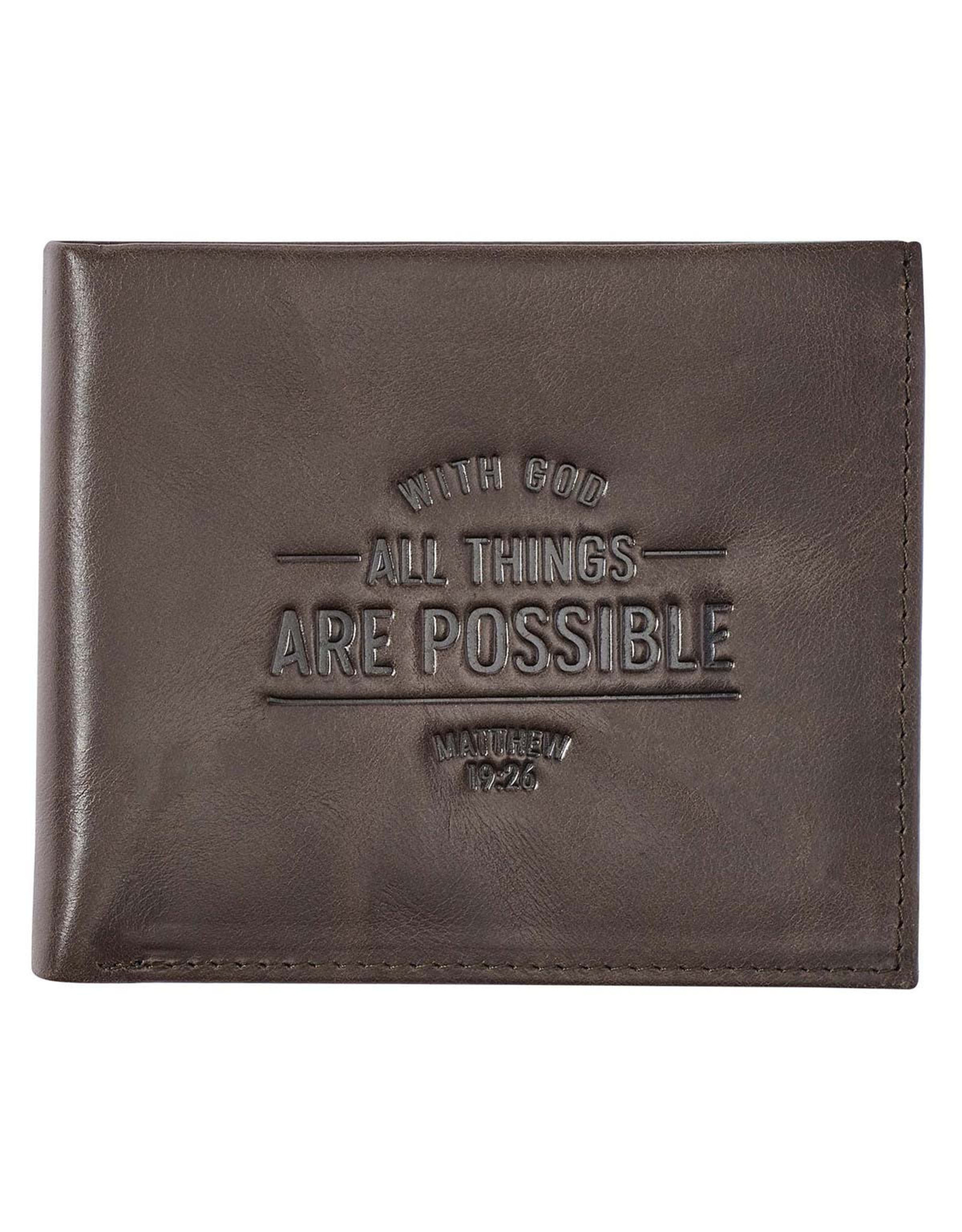 With God All Things Are Possible Brown Genuine Leather Wallet - Matthew 19:26