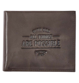 Christian Art Gifts With God All Things Are Possible Brown Genuine Leather Wallet - Matthew 19:26