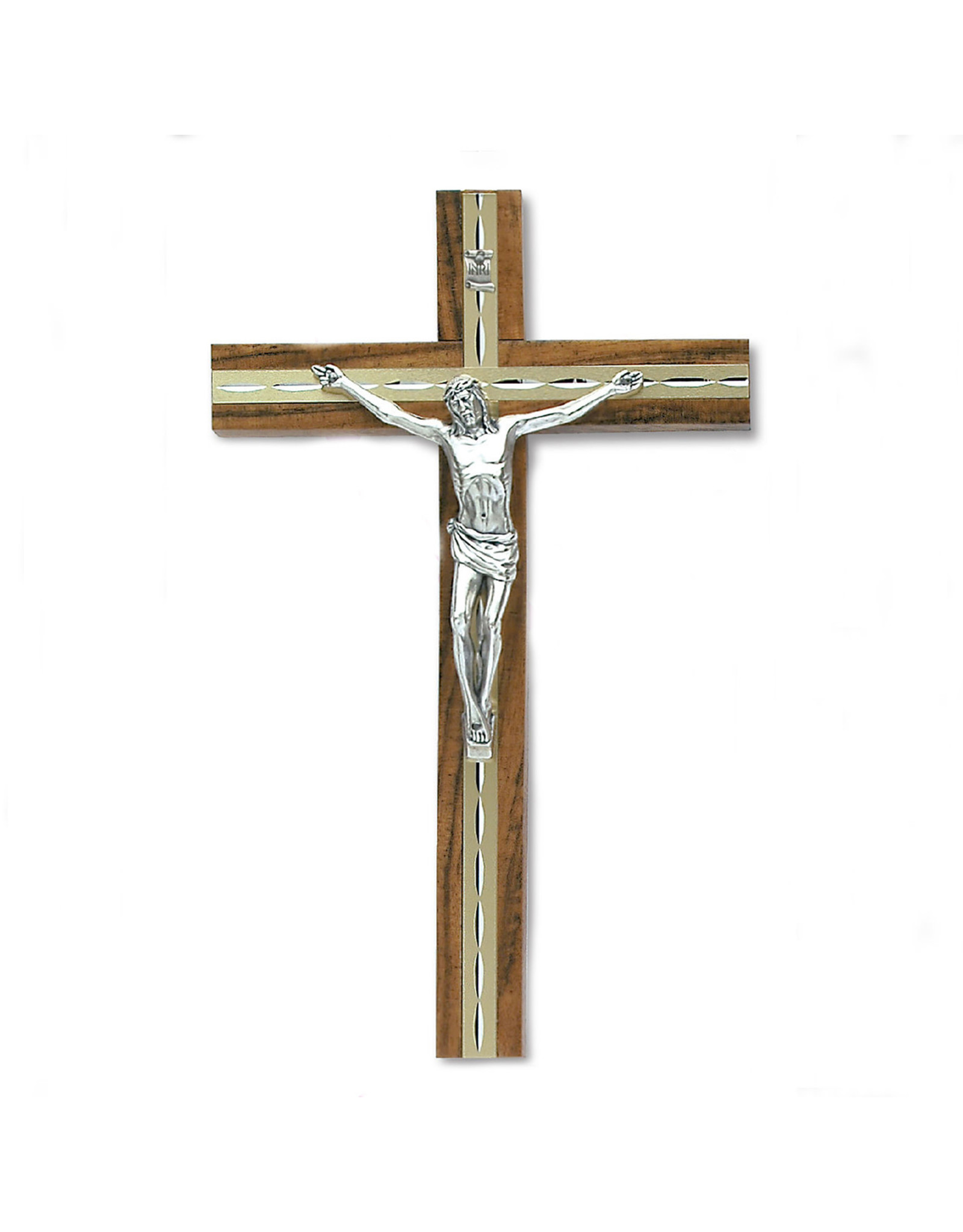 Lumen Mundi Crucifix - Gold/Medium Oak Wood Cross with Silver Tone Corpus (10")